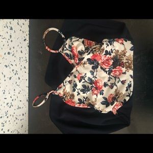 small romper navy blue shorts, floral top. new